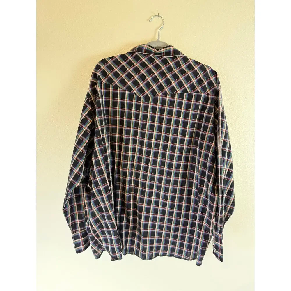 VTG Wrangler Pearl Snap Black Plaid MicroGrid Lightweight Purple Green Mens 3XL